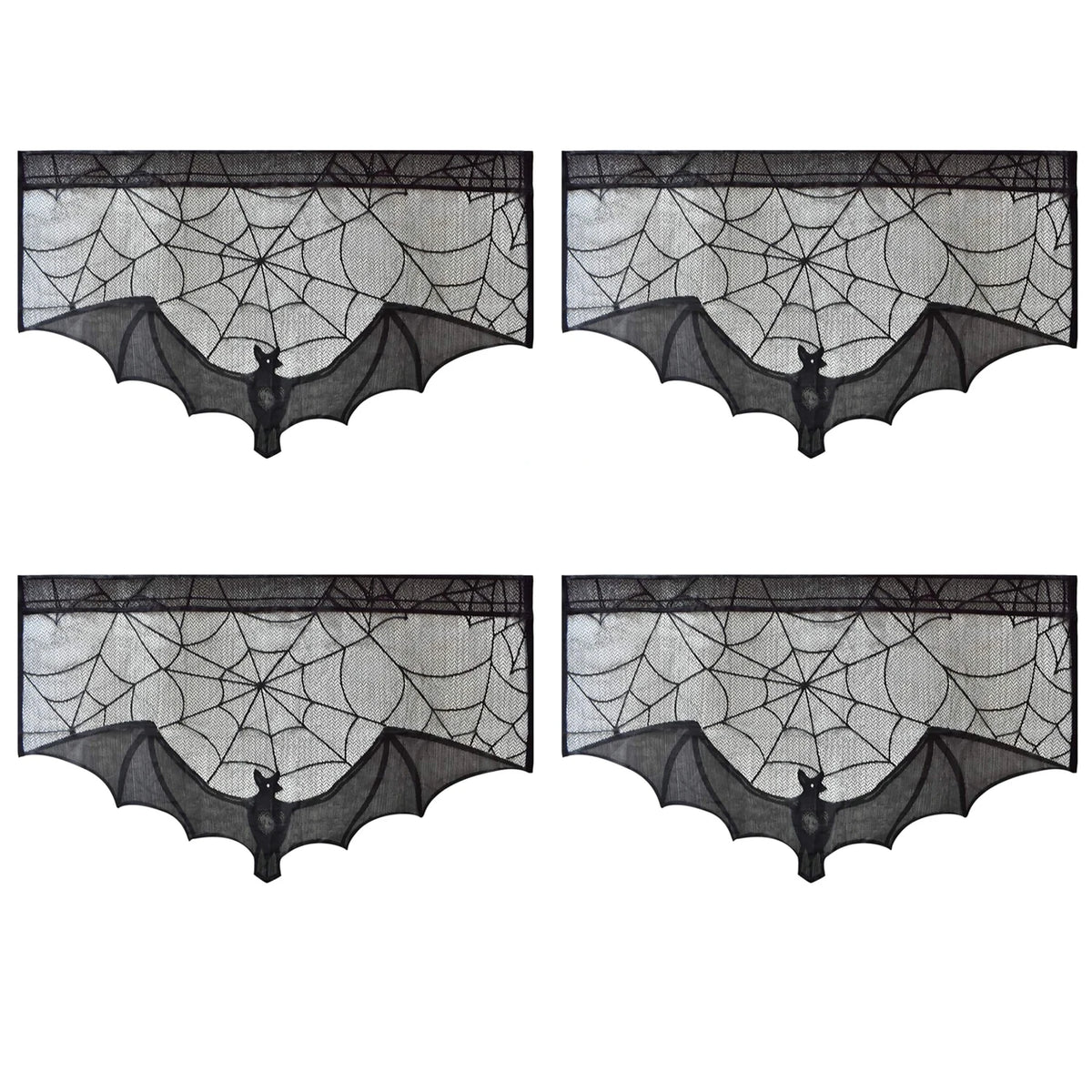 Halloween Lace Curtain with Black Bats and Spider Web Decor