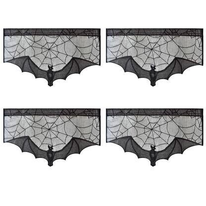 Halloween Lace Curtain with Black Bats and Spider Web Decor