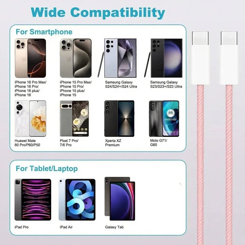 60W PD Nylon Braided USB-C to USB C Fast Charger Cable For iPhone 17 16 15 /Pro Max Compatibility Samsung Type C Fast Charging