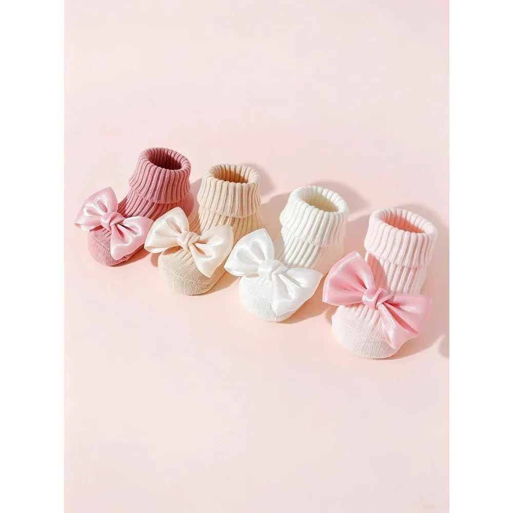 4 Pairs Toddler Socks with Bows, Soft Cotton Cute Ankle Socks for Infants Girls, Fashion Anty-Slip Newborn Baby Socks 0-24 Month