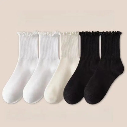 5 Pairs /1 Lot Socks for Women Breathable Black White Set Spring Autumn Ruffle Middle Tube Ankle Short