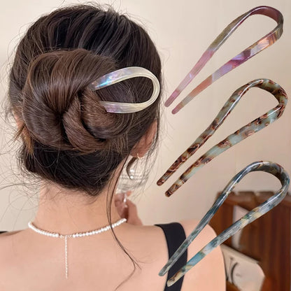 U-Shaped Hair Sticks Acetate Acrylic Hair Fork Hair Clips Fashion Bow Hairpin Geometric Headwear Women Girls Hair Accessories