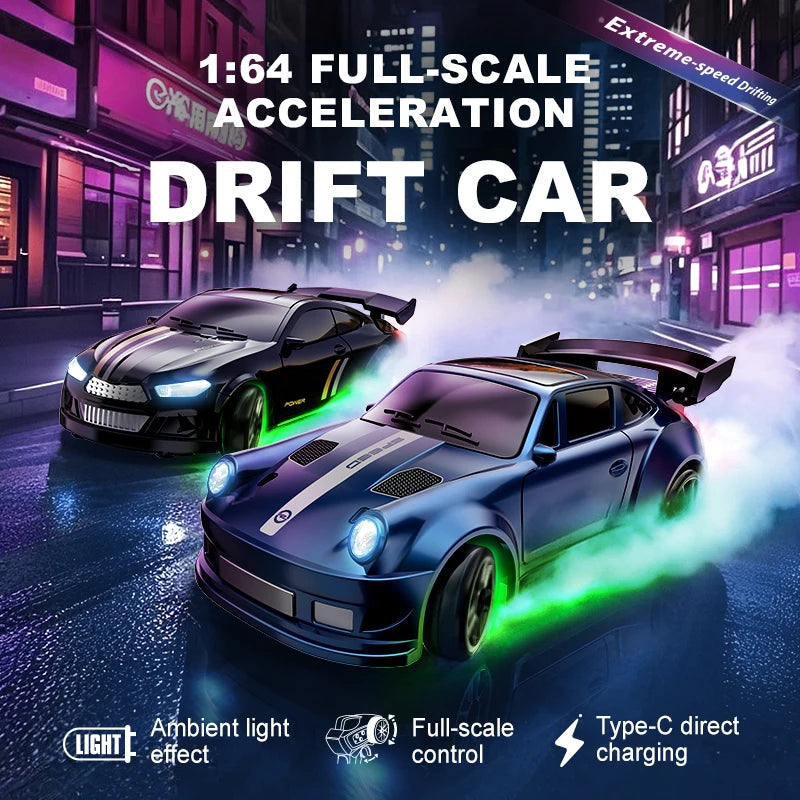 1:64 Mini RC Drift Car with 4WD, LED Lights and USB-C Charging