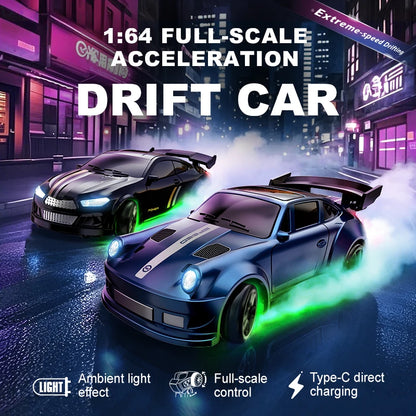1:64 Mini RC Drift Car with 4WD, LED Lights and USB-C Charging