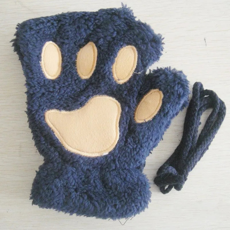 Fingerless Gloves, Cute Cat Paw Plush Gloves for Women & Adults