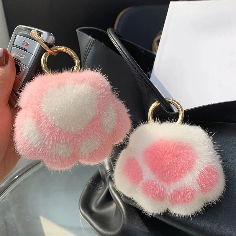 Cat Paw Keychain Fluffy Faux Fur Pom Pom Bag Charm