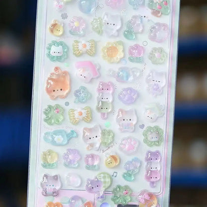 Kawaii 3D Jelly Resin Stickers Cute Cartoon Sparkle Transparent Decals for Scrapbooking Phone Case Laptop DIY Decor