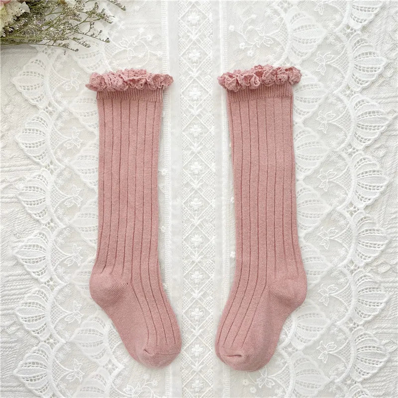 Ruffle Girls Knee High Socks Baby Kids Toddlers Long Soft Cotton Sock Lace Flower Children School Uniform Socks For 0-8Years