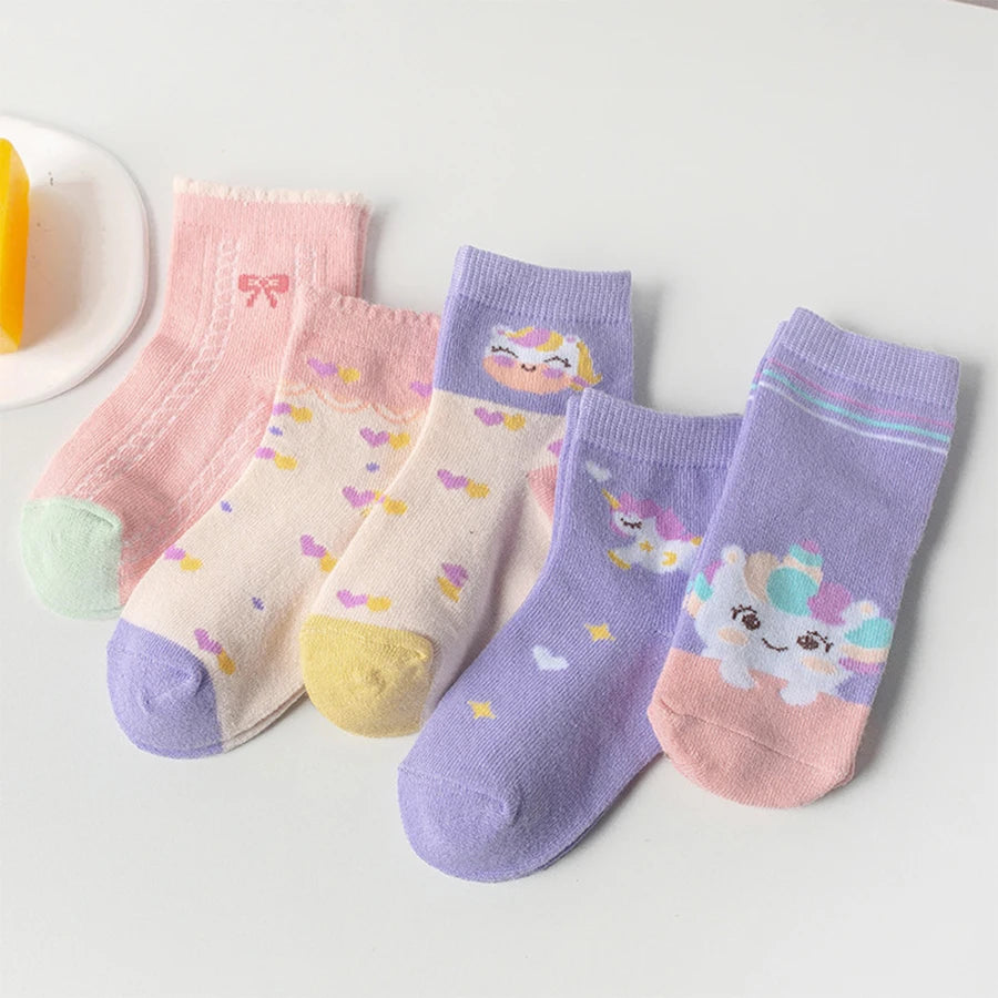 5 Pairs of Kidsren's Socks with Cartoon Cute Unicorn Patterns for Girls and Babies, Versatile Trendyy Bow Mid-Calf Socks, Suitable for Daily Casual Life