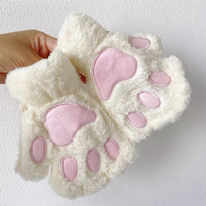 Cat Paw Fingerless Gloves – Plush Wrist Mittens for Adults