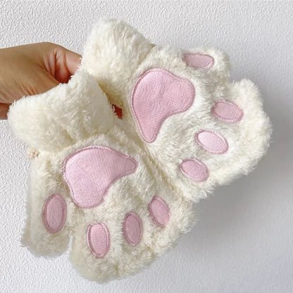 Cat Paw Fingerless Gloves – Plush Wrist Mittens for Adults