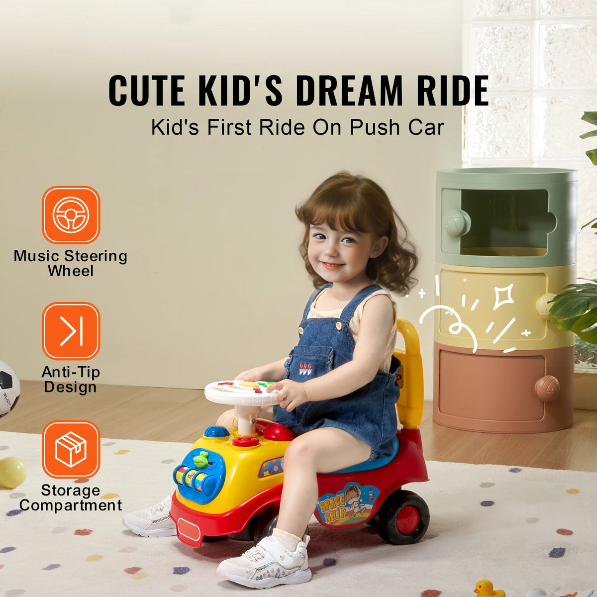 Toddler Ride-On Push Car with Music, Steering Wheel and Storage