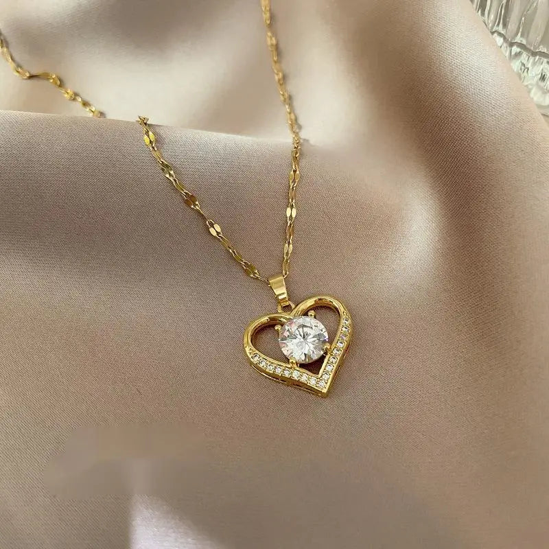 Heart Pendant Necklace, Hollow Heart Rhinestone Jewelry for Women
