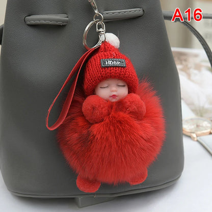 Pompom Sleeping Baby Keychain Cute Fluffy Plush Doll Keyholder Women Girl Bags Keyrings Cars Key Ring Gift Charming Decoration