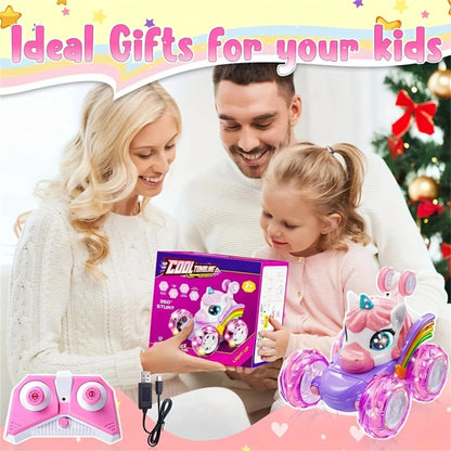 Unicorn Remote Control Car for Girls, 360° Rotating 4WD Stunt RC Cars with Cute Lights, Rechargeable Toys-Kid for Birthday Gifts