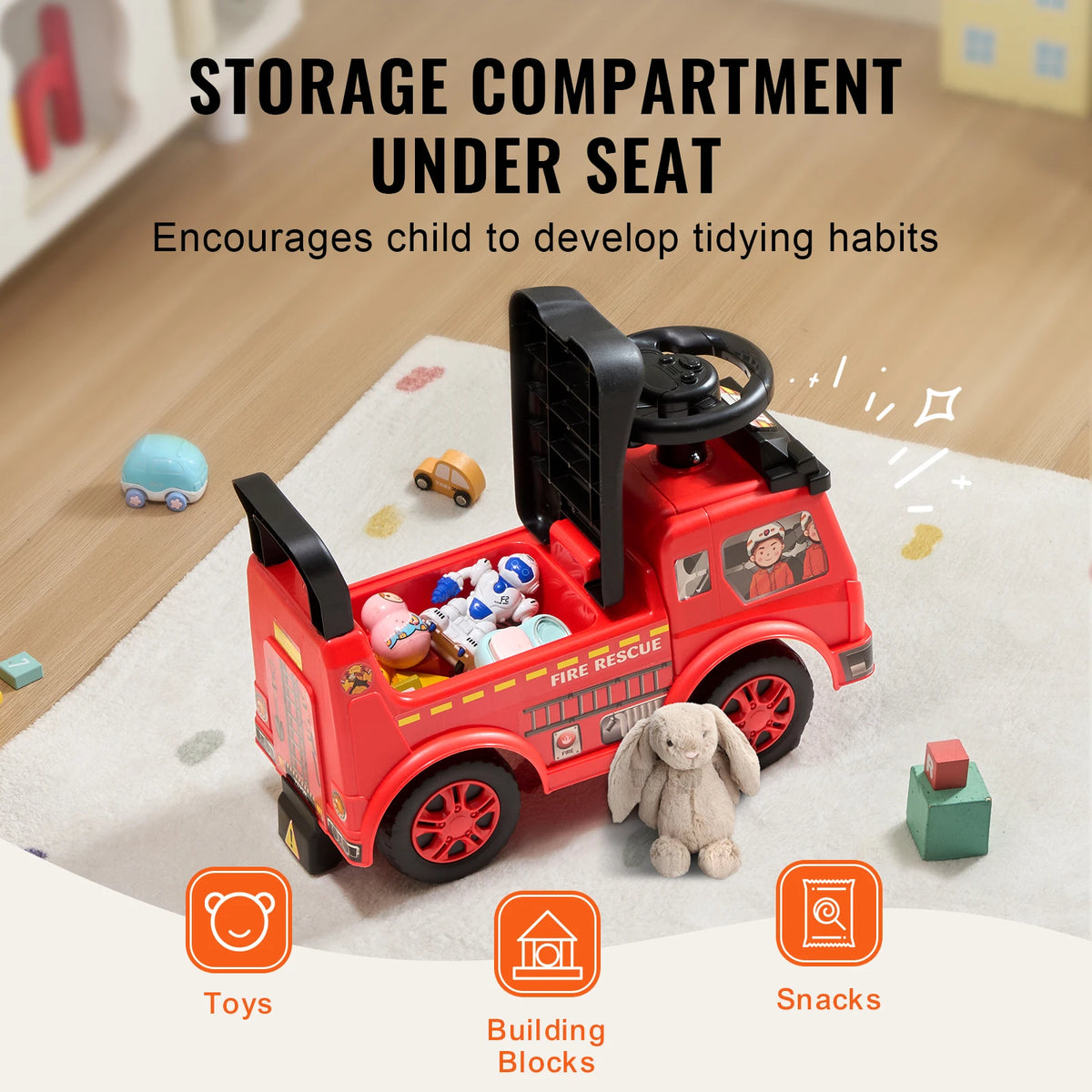 Kids Ride On Push Car with Music Steering Wheel and Storage