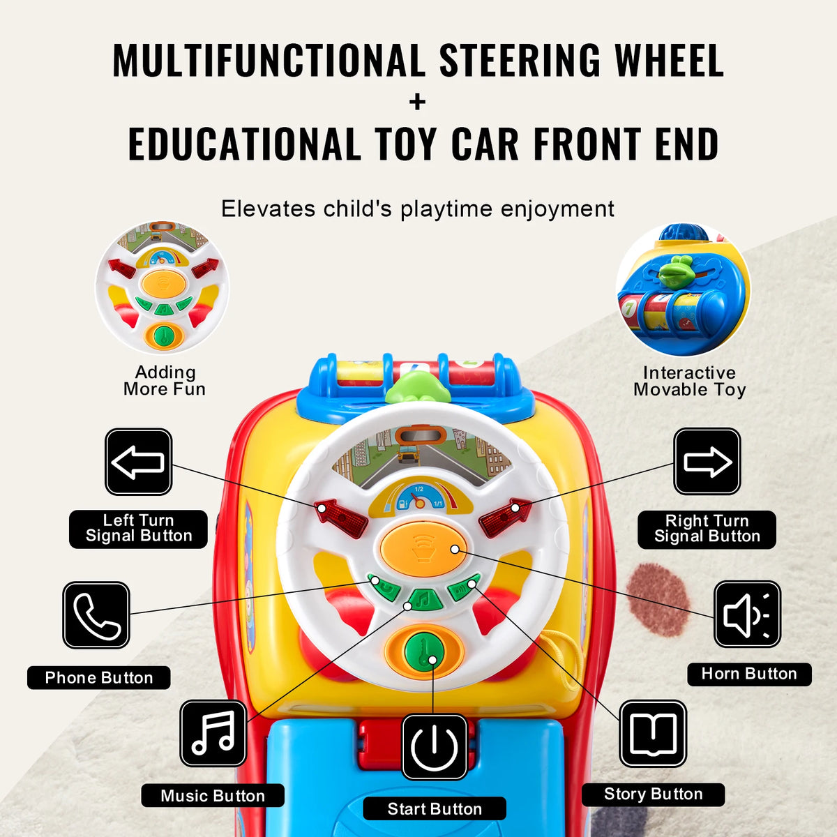 Toddler Ride-On Push Car with Music, Steering Wheel and Storage