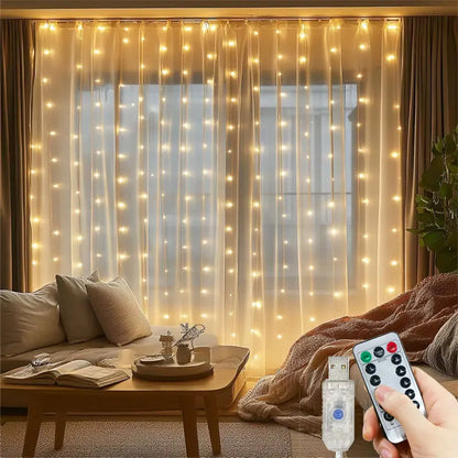 3/6M USB LED Curtain 8Modes Remote Control Lights Holiday Wedding Garland for Bedroom Living Room Decor Ramadan Decorations