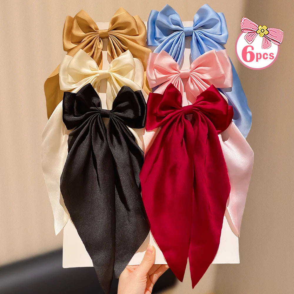 Large Bow Hair Clips, 6-Pack Solid Color Hair Barrettes for Girls