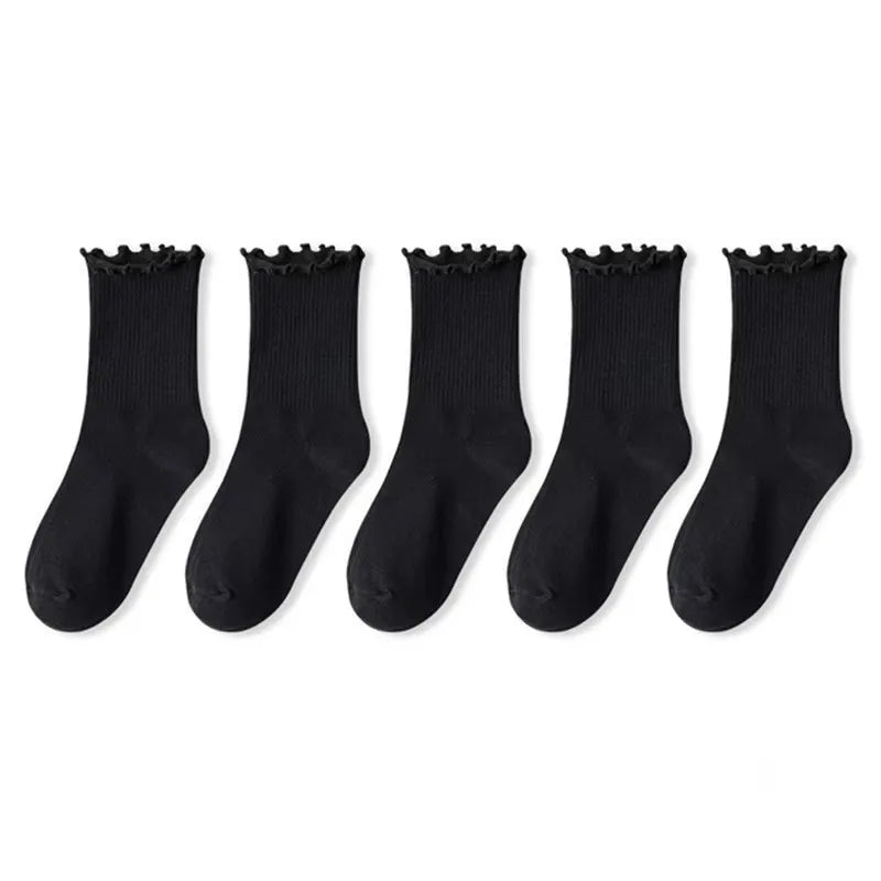 5 Pairs /1 Lot Socks for Women Breathable Black White Set Spring Autumn Ruffle Middle Tube Ankle Short
