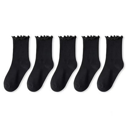 5 Pairs /1 Lot Socks for Women Breathable Black White Set Spring Autumn Ruffle Middle Tube Ankle Short