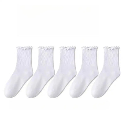 5 Pairs /1 Lot Socks for Women Breathable Black White Set Spring Autumn Ruffle Middle Tube Ankle Short