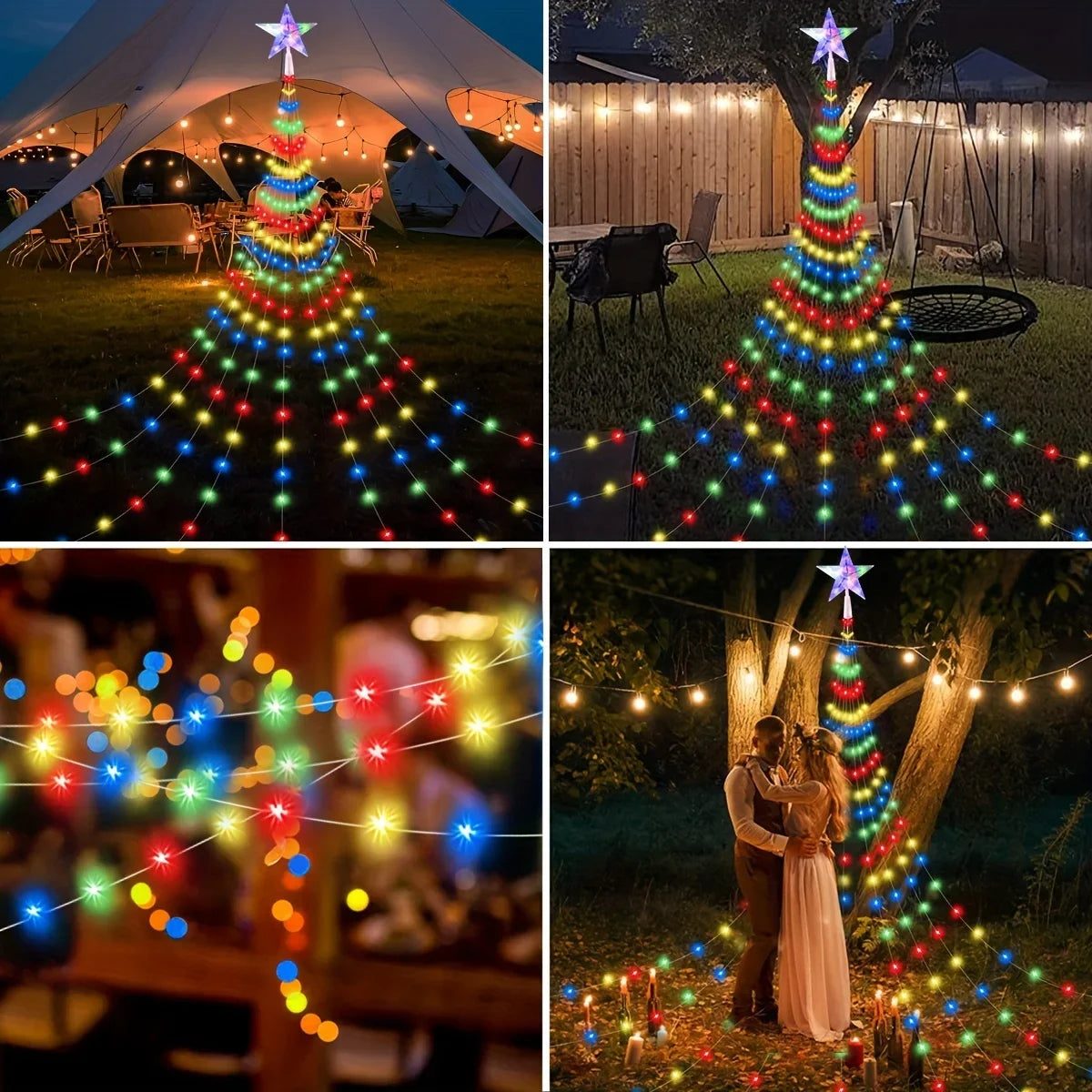 Star Waterfall String Lights – Solar LED Christmas Tree Decor