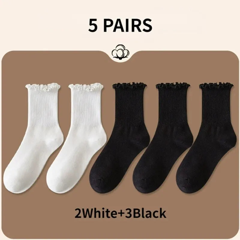 5 Pairs /1 Lot Socks for Women Breathable Black White Set Spring Autumn Ruffle Middle Tube Ankle Short