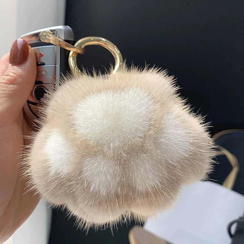 Cat Paw Keychain Fluffy Faux Fur Pom Pom Bag Charm
