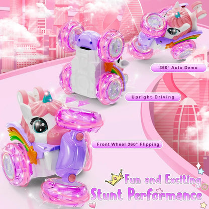 Unicorn Remote Control Car for Girls, 360° Rotating 4WD Stunt RC Cars with Cute Lights, Rechargeable Toys-Kid for Birthday Gifts