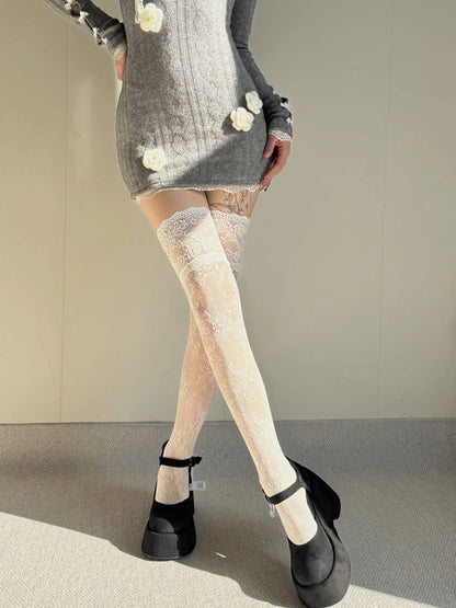 Women’s Fishnet Stockings – Lace Floral Thigh High Socks