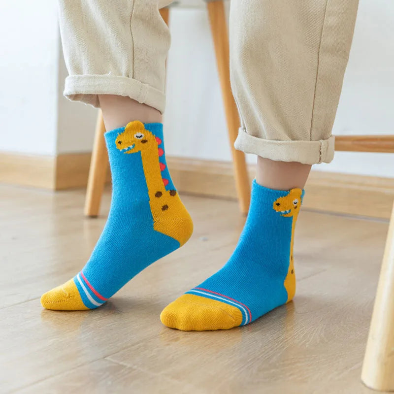 5 Pairs Kids Socks Cartoon Dinosaur Pattern Comfortable Children Socks For Boys And Girls
