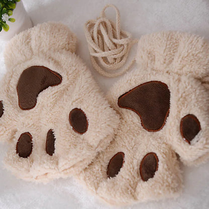 Cat Paw Fingerless Gloves – Plush Wrist Mittens for Adults