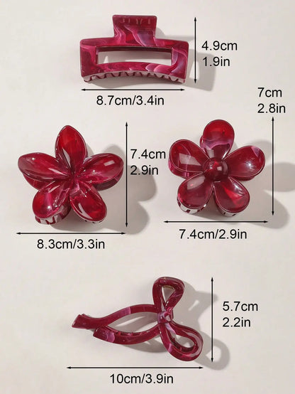 4Pcs Autumn Winter Burgundy Bow Square Flower Hair Claw Clips for Women MultiStyle Red Fashion Hair Accessories Headwear Hairpin