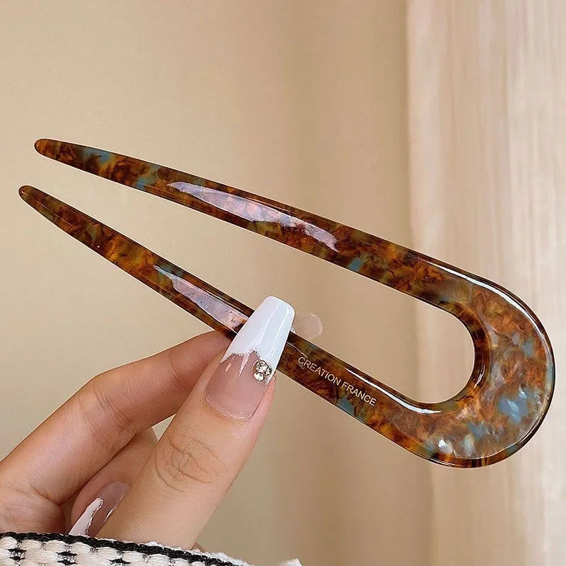U-Shaped Hair Sticks Acetate Acrylic Hair Fork Hair Clips Fashion Bow Hairpin Geometric Headwear Women Girls Hair Accessories