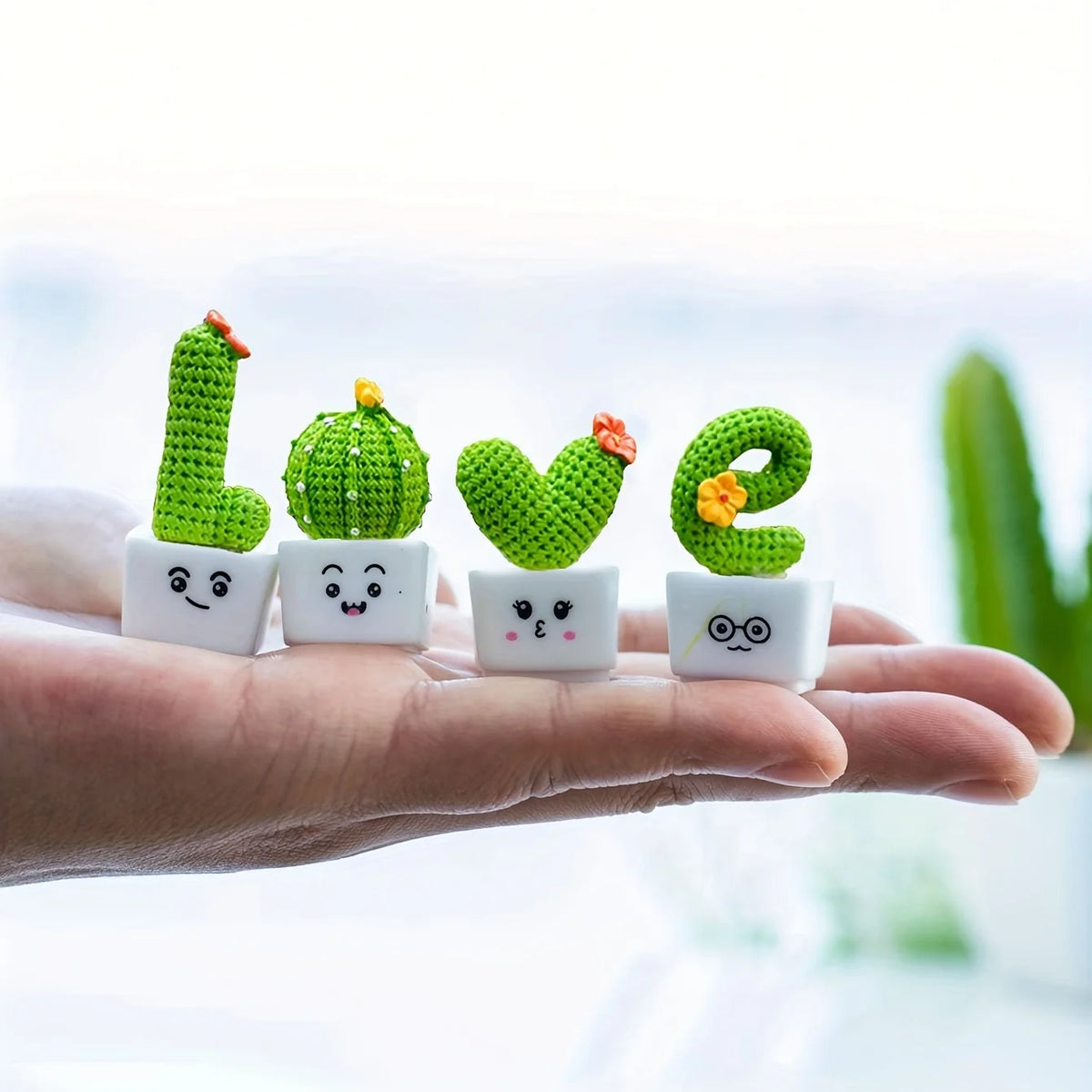 Mini Resin Cactus Decor – Set of 4 Succulent Plant Figurines