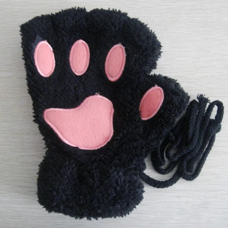 Cat Paw Fingerless Gloves – Plush Wrist Mittens for Adults