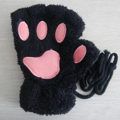 Cat Paw Fingerless Gloves – Plush Wrist Mittens for Adults