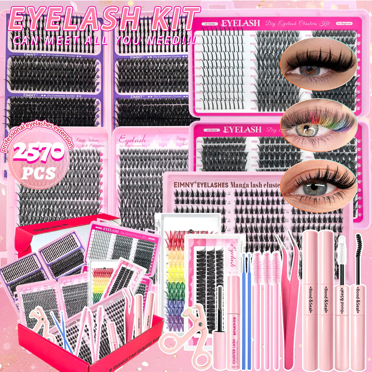 720/200pcs eyelash Extension Kit Fluffy Eyelash Extension kit with Lash Bond and Seal Lash Tweezers Thick Lash Clusters Wispy