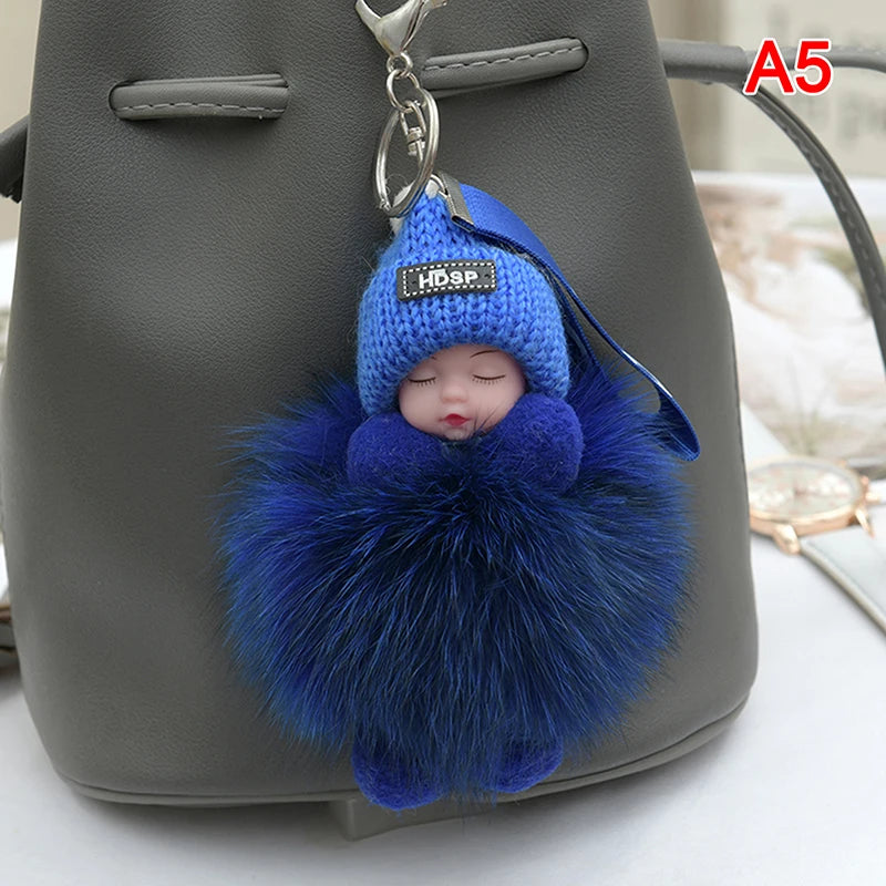 Pompom Sleeping Baby Keychain Cute Fluffy Plush Doll Keyholder Women Girl Bags Keyrings Cars Key Ring Gift Charming Decoration