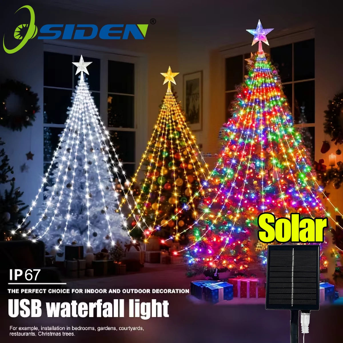 Star Waterfall String Lights – Solar LED Christmas Tree Decor