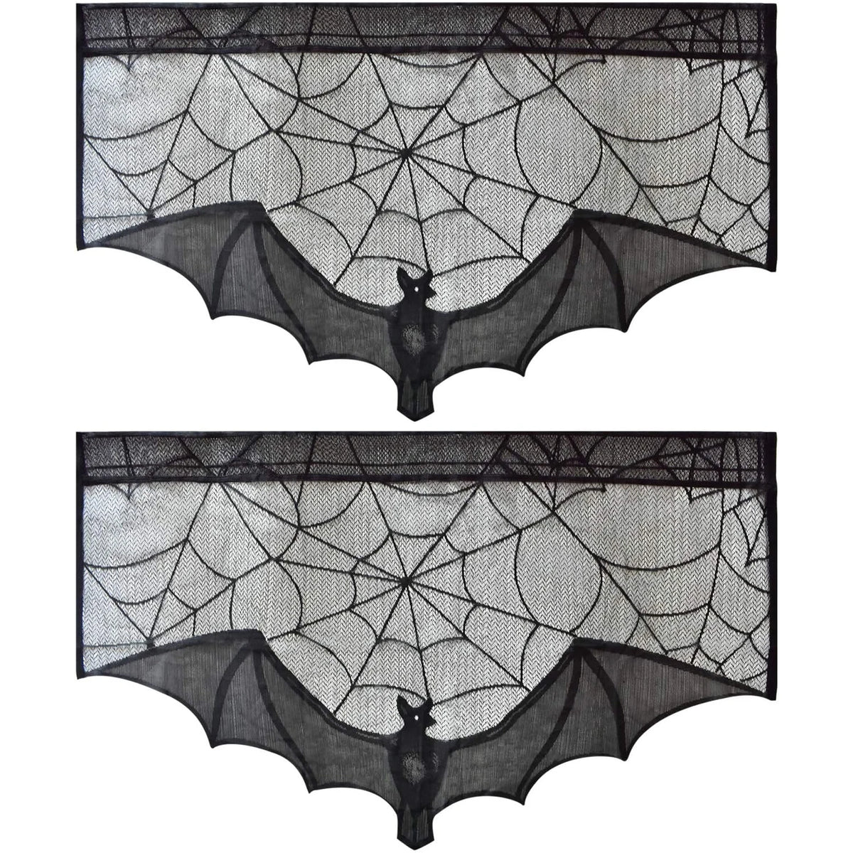 Halloween Lace Curtain with Black Bats and Spider Web Decor