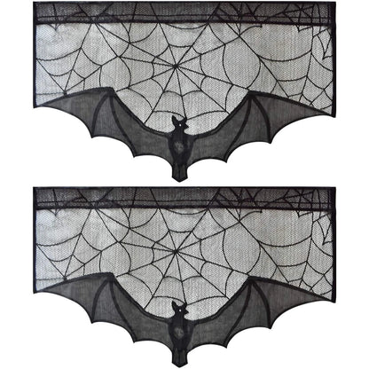 Halloween Lace Curtain with Black Bats and Spider Web Decor