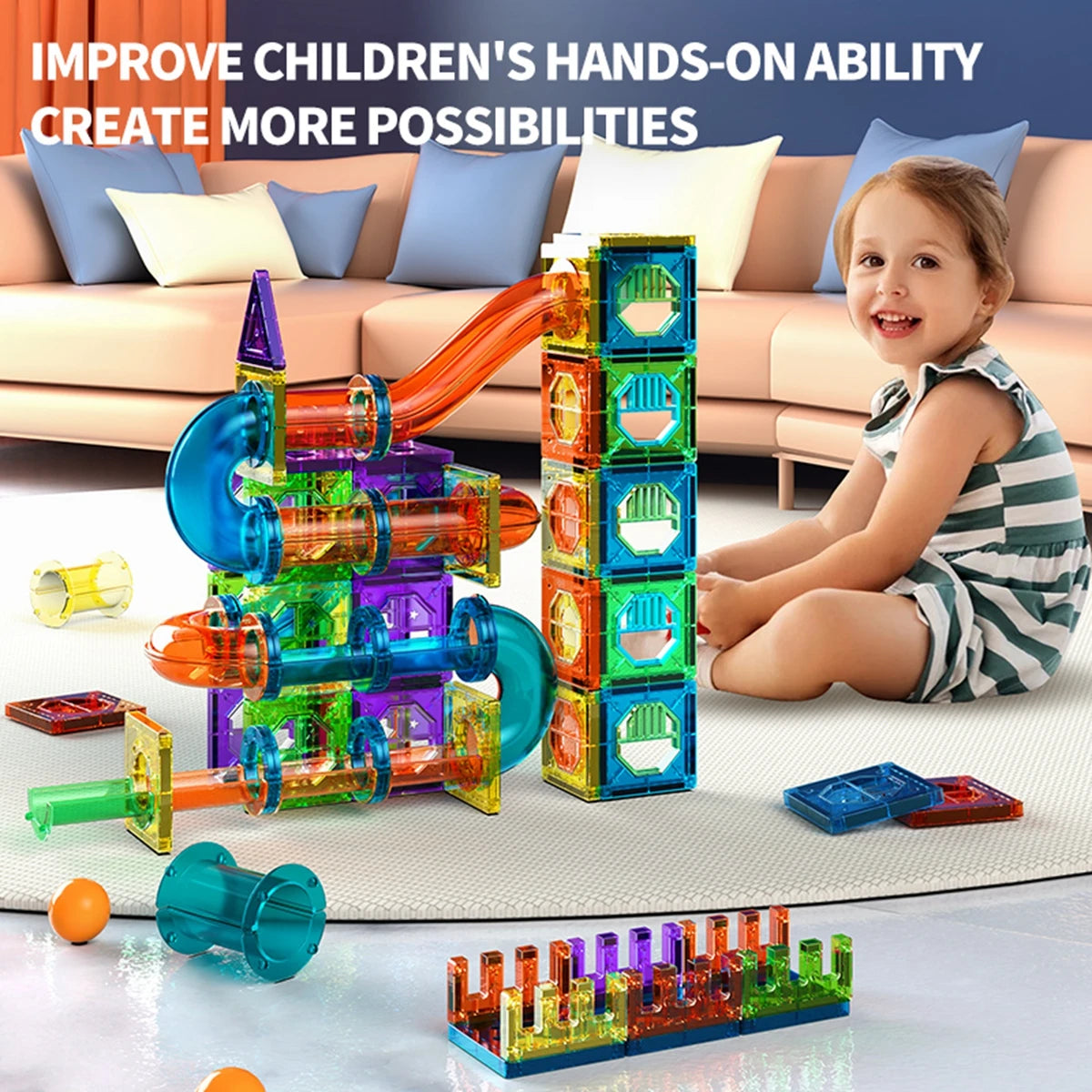 Magnetic Tiles Building Blocks with 3D STEM Marble Run