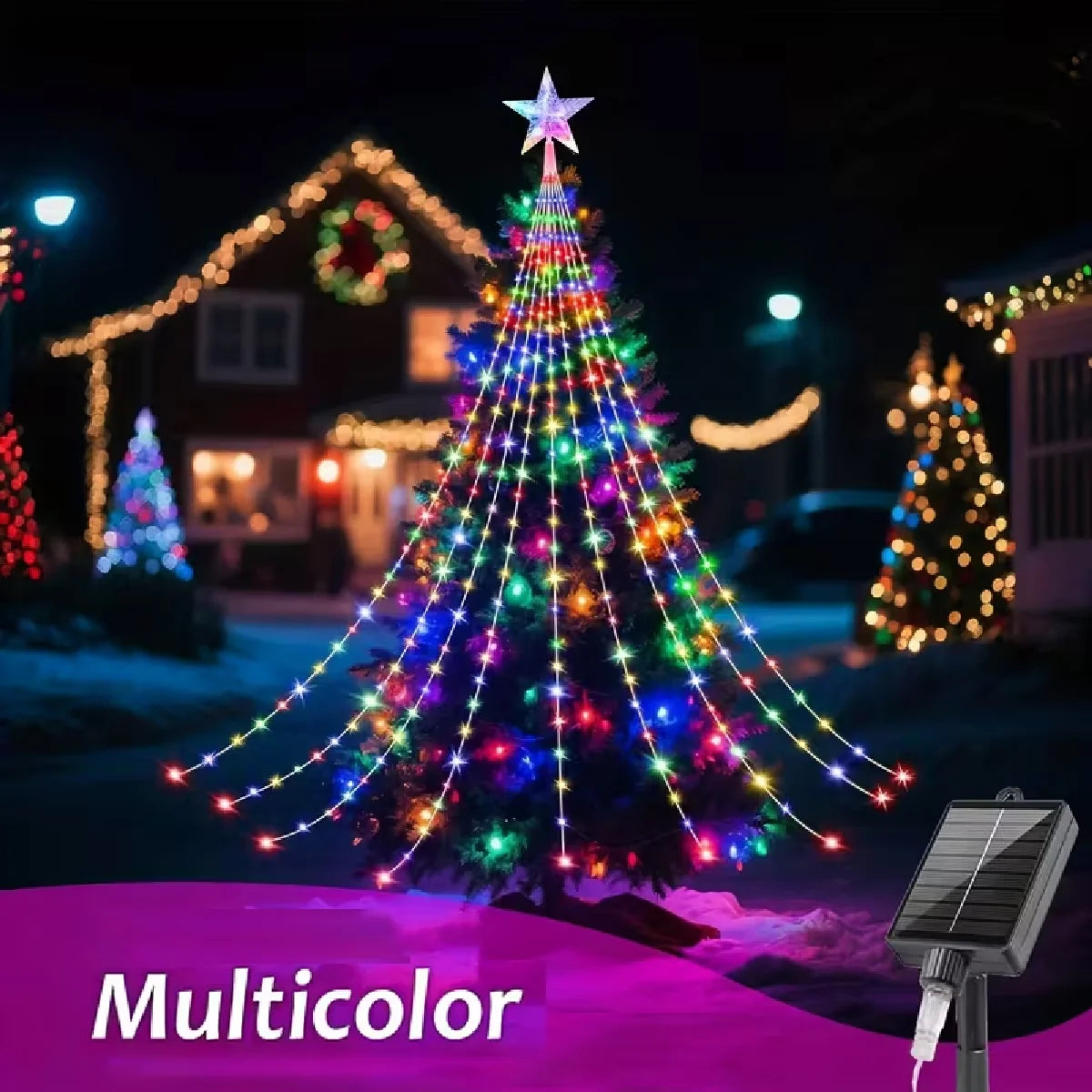 Star Waterfall String Lights – Solar LED Christmas Tree Decor
