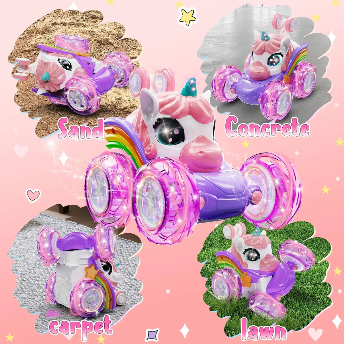 Unicorn Remote Control Car for Girls, 360° Rotating 4WD Stunt RC Cars with Cute Lights, Rechargeable Toys-Kid for Birthday Gifts