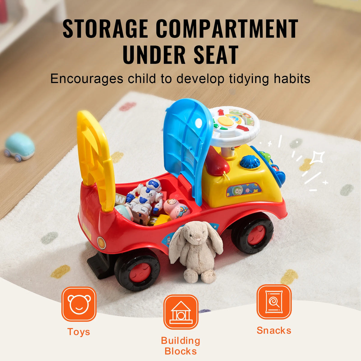 Toddler Ride-On Push Car with Music, Steering Wheel and Storage