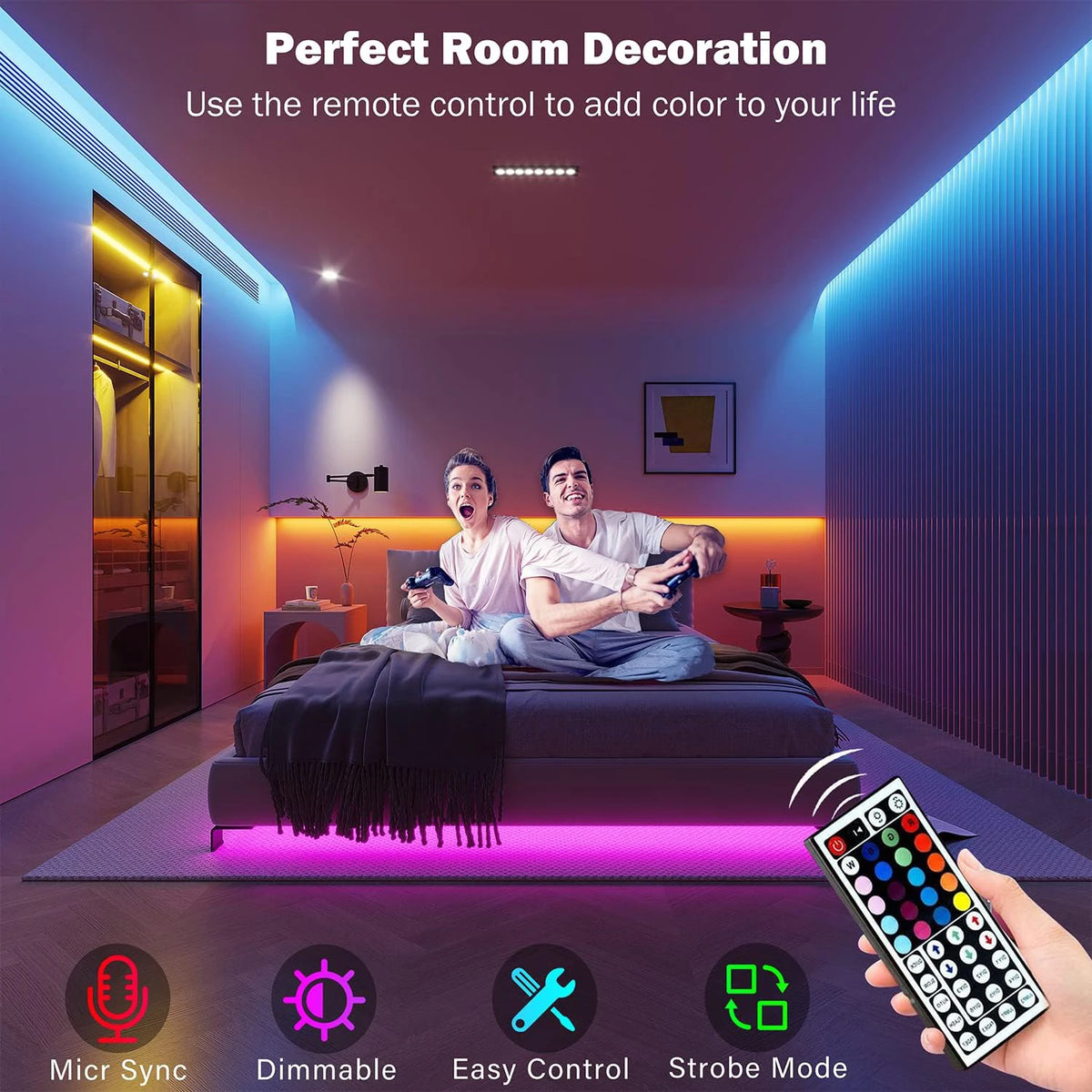 RGB LED Strip Lights with App Control for Bedroom Decor