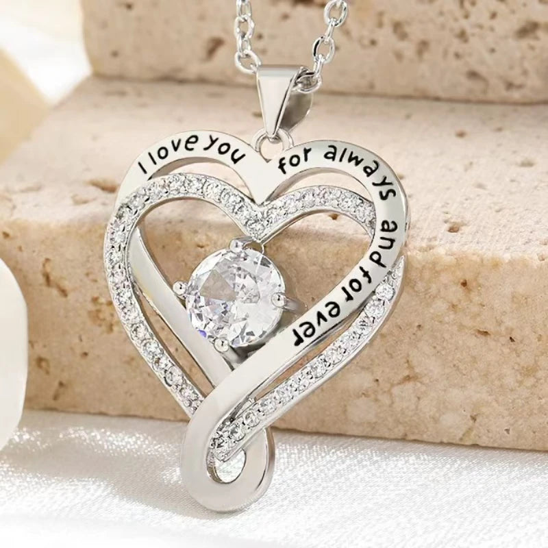 Heart Pendant Necklace, Hollow Heart Rhinestone Jewelry for Women