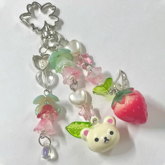 Beaded Phone Charm, Cute Bear Strawberry Chain Y2K Accessory